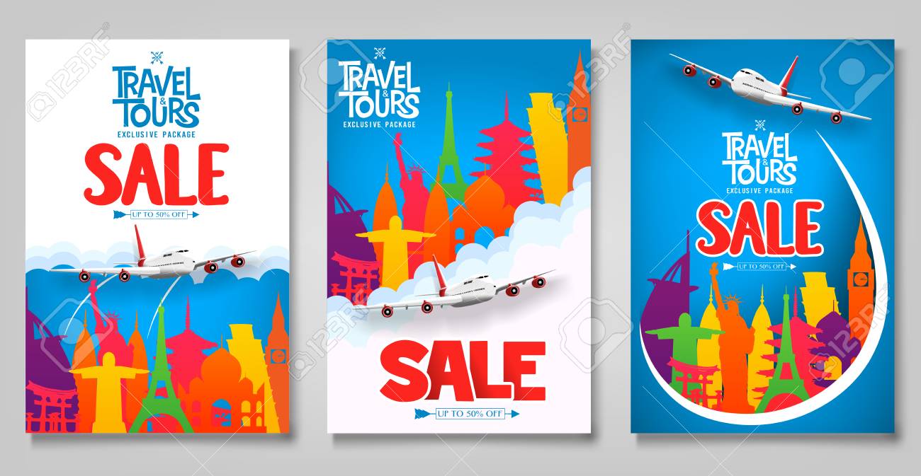 travel and tours sale promotional posters template set with colorful