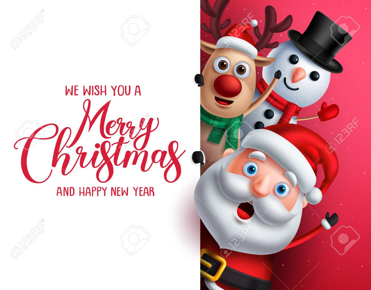 Merry Christmas Greeting Template With Santa Claus, Snowman And ...