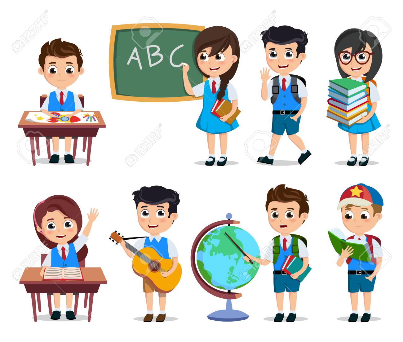 school students vector characters set young happy kids cartoon cartoon educational