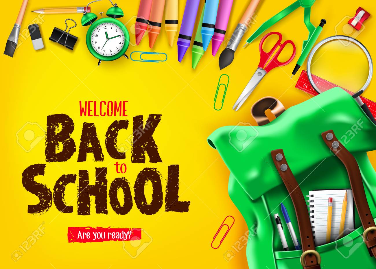 Back To School In Yellow Background Banner With Green Backpack Royalty Free Cliparts Vectors And Stock Illustration Image Back To School In Yellow Background Banner With Green Backpack Royalty Free Cliparts Vectors And Stock Illustration Image