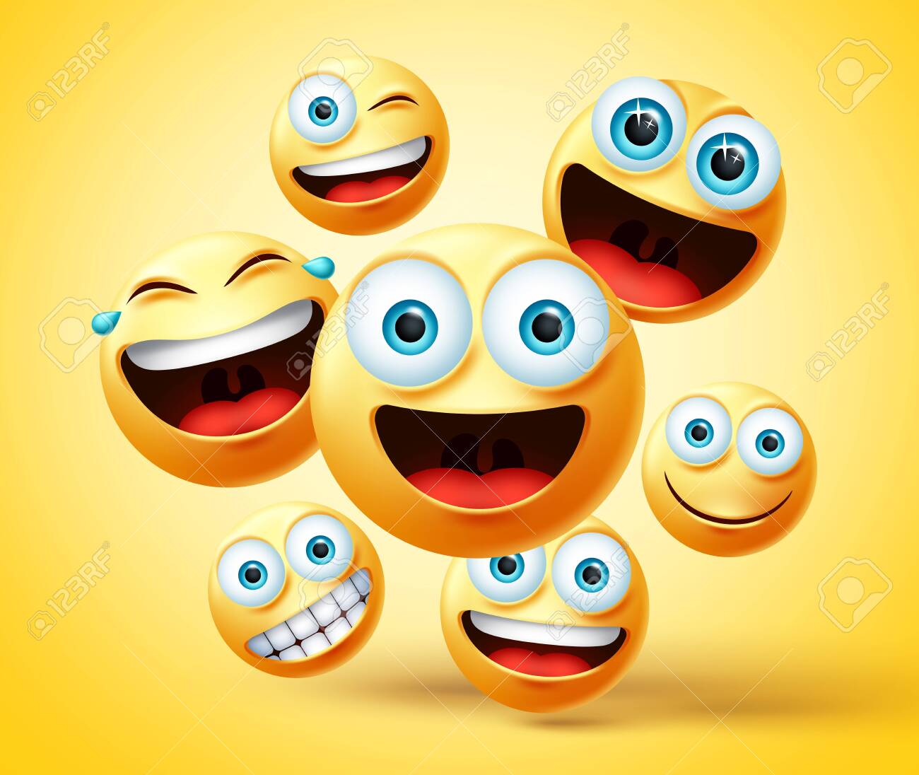 Smiley Emoticon And Emoji Group Vector Design. Smileys Emoticons Cute Face  Head Group In Happy, Laughing, Smiling, Funny, And Naughty Facial  Expression While Jumping In Yellow Background. Vector Illustration. Royalty  Free SVG,, image size:1300x1096