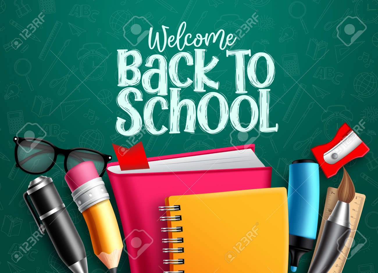 Back to school vector banner. Back to school welcome text with education items, supplies and objects in green pattern background foe educational design. Vector illustration. - 148508155 Back to school vector banner. Back to school welcome text with education items, supplies and objects in green pattern background foe educational design. Vector illustration. - 148508155
