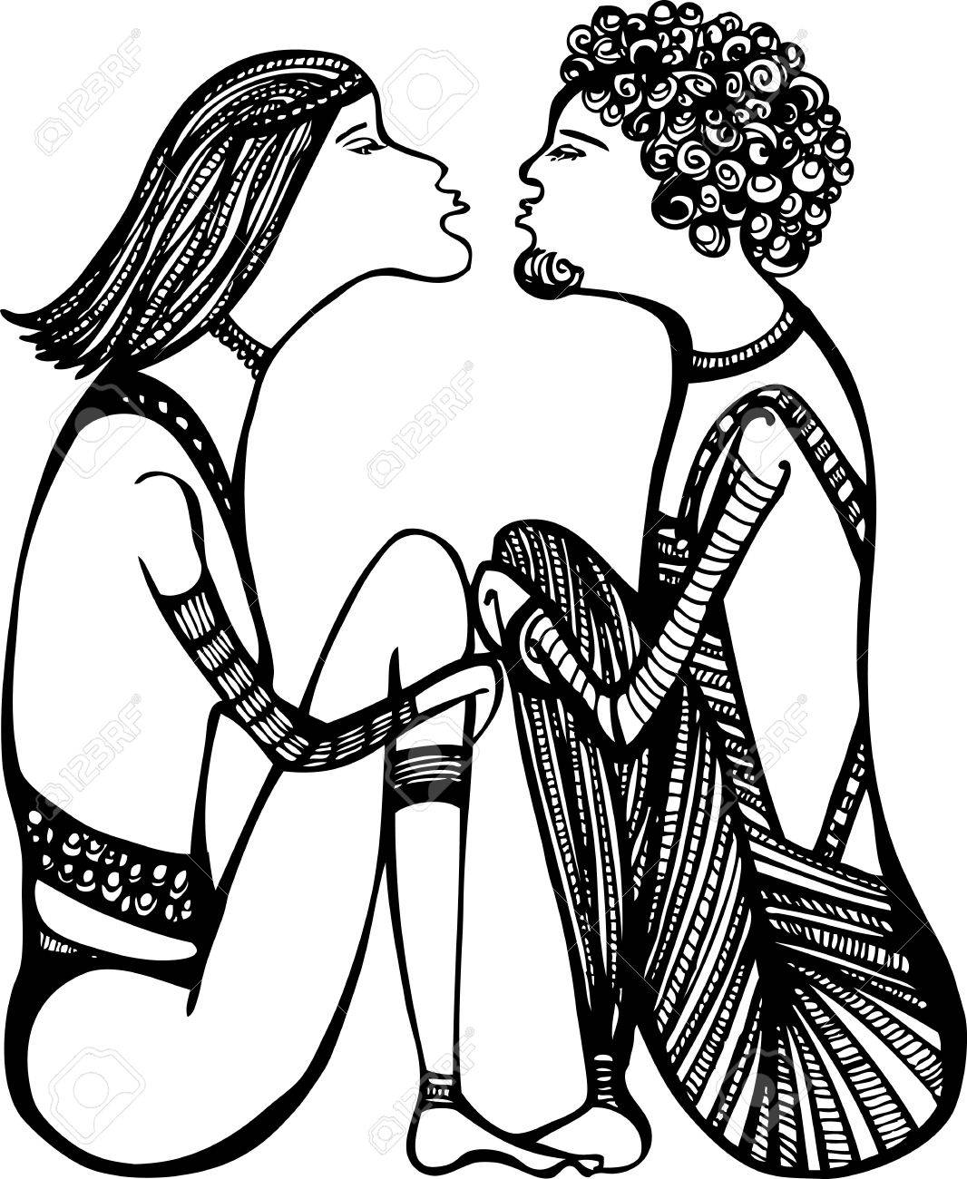 Sketch of a love couple ready to kiss black and white drawing