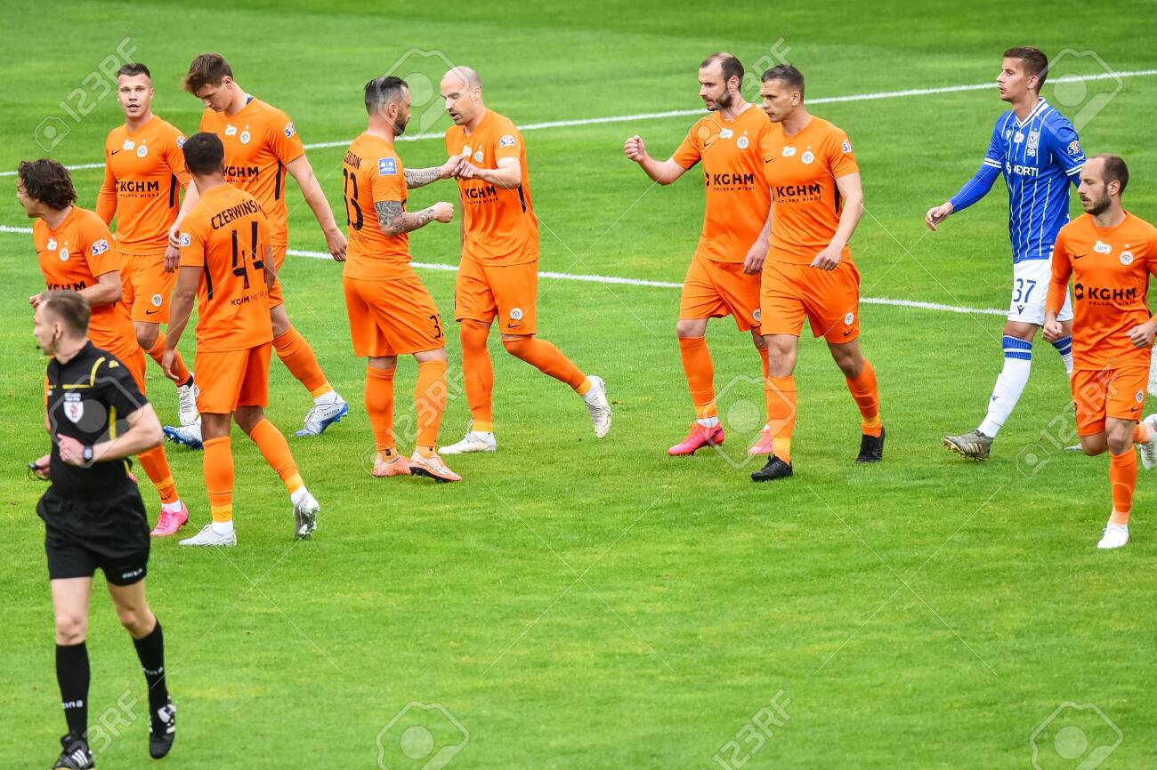 Lubin Poland June 6 2020 Match Polish Football Top League Pko Ekstraklasa Between Kghm Zaglebie Lubin Vs Lech Poznan 3 3 Joy Team Of Zaglebie After Scoring Goal Stock Photo Picture And
