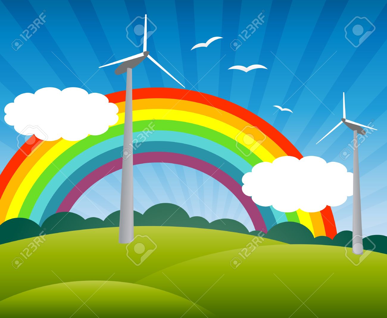 Landscape with windmills, a rainbow, birds and clouds - 9621947 Landscape with windmills, a rainbow, birds and clouds - 9621947