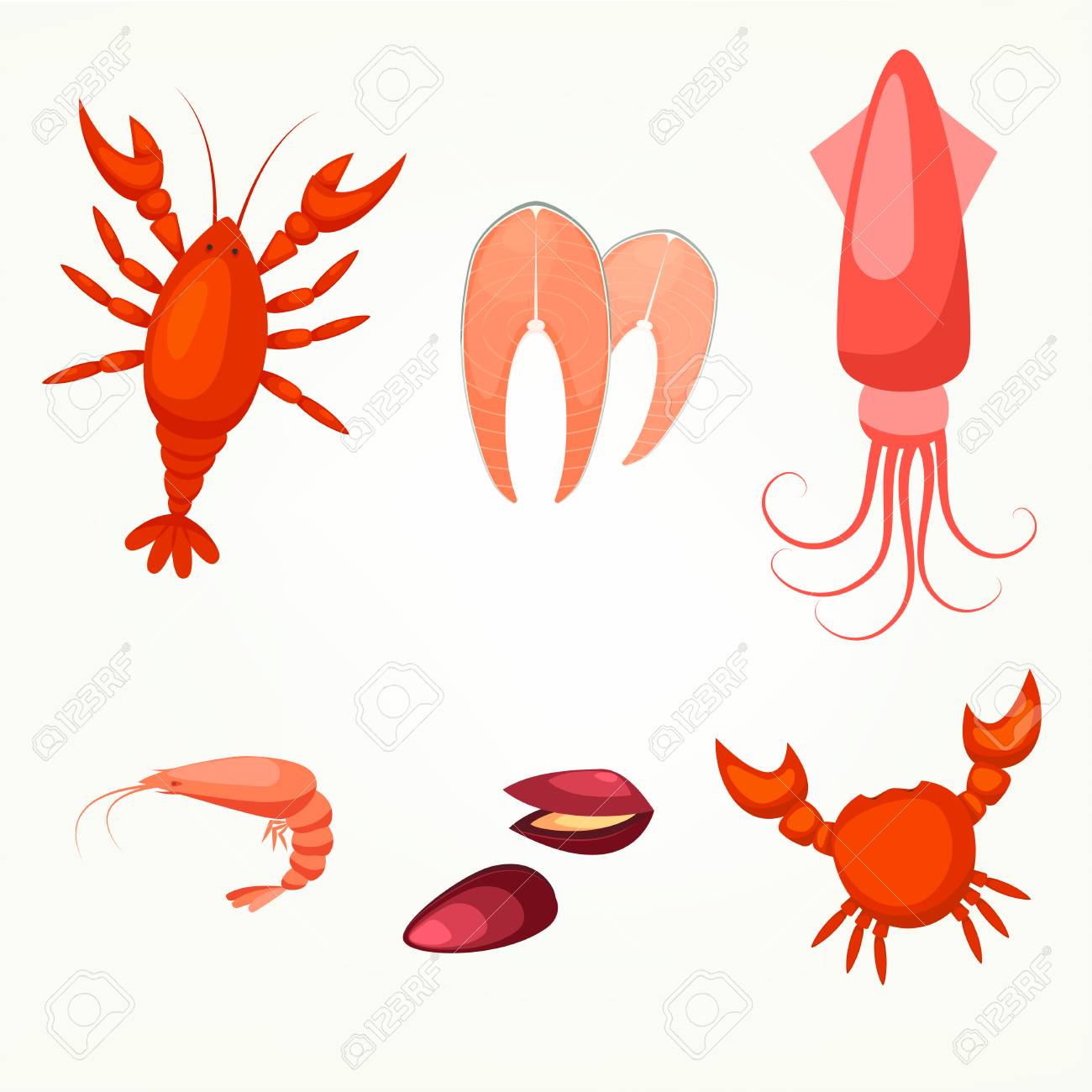 ロブスター 魚 イカ エビ 貝 カニからの魚介類のセット のイラスト素材 ベクタ Image