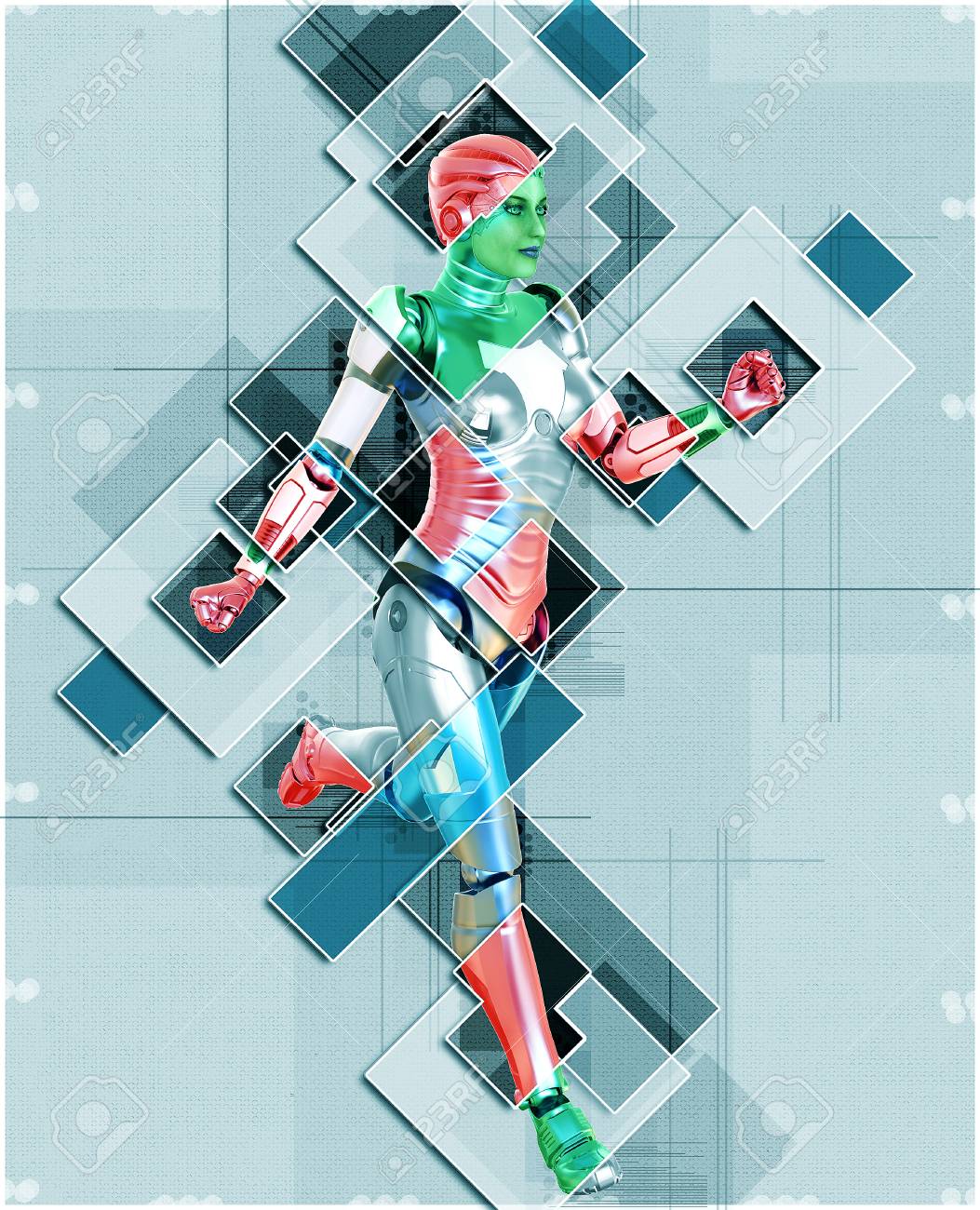 コラージュスタイルで3Dイラスト女性サイボーグの写真素材・画像