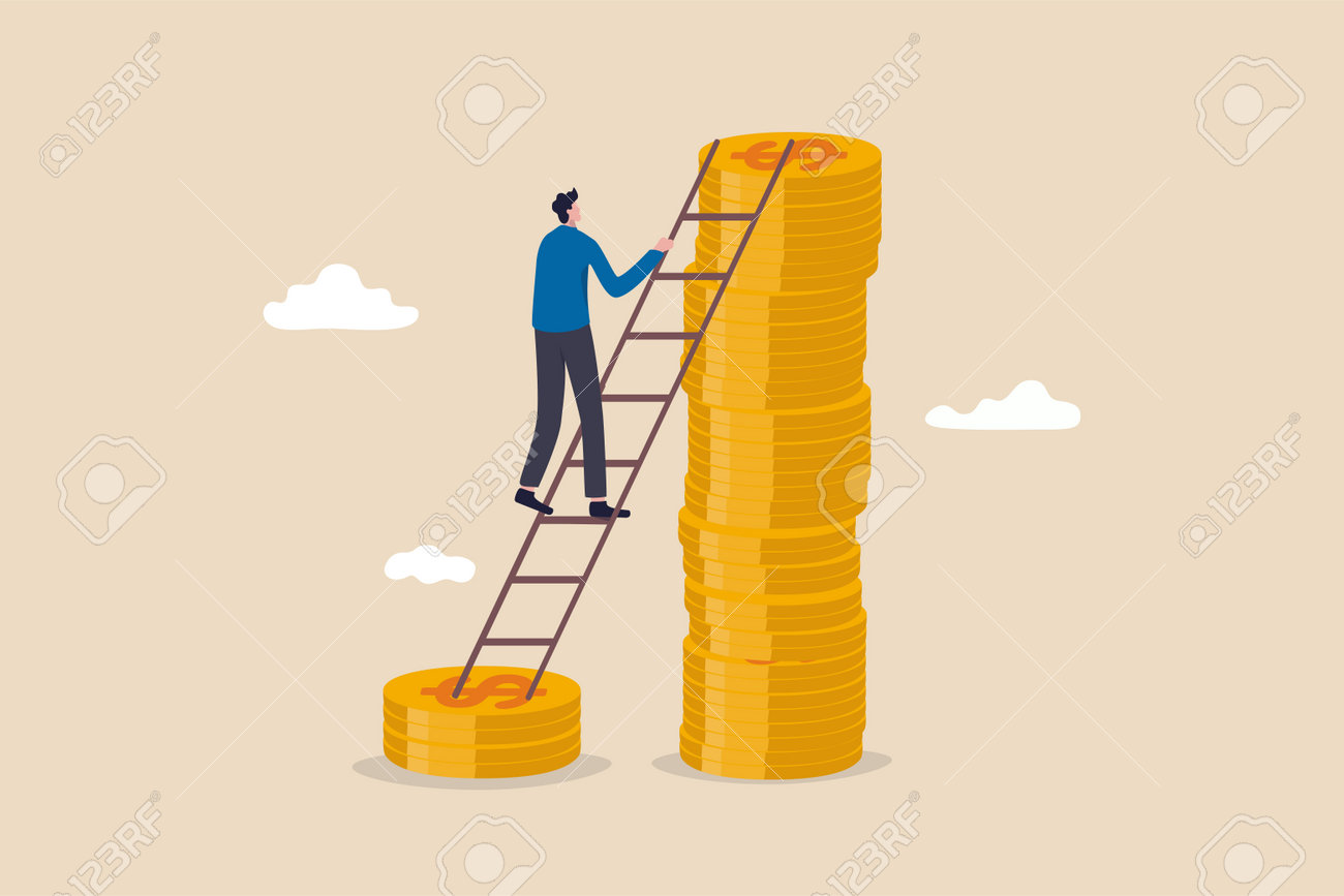 Salario, aumento del reddito o dello stipendio, aumento del profitto dell'investimento, gestione patrimoniale per un concetto di rendimento più elevato, investitore d'affari di successo che sale la scala dalla pila di denaro a basso dollaro a quella più alta - 164536415 Salario, aumento del reddito o dello stipendio, aumento del profitto dell'investimento, gestione patrimoniale per un concetto di rendimento più elevato, investitore d'affari di successo che sale la scala dalla pila di denaro a basso dollaro a quella più alta - 164536415
