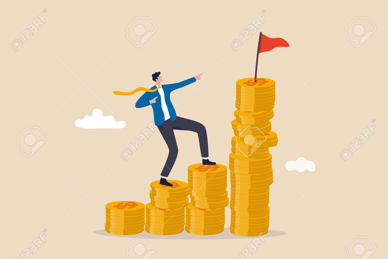Financial goal, wealth management and investment plan to achieve target, income or salary growth concept, cheerful businessman step climbing money coin stack aiming to achieve target flag on top. - 169919606 Financial goal, wealth management and investment plan to achieve target, income or salary growth concept, cheerful businessman step climbing money coin stack aiming to achieve target flag on top. - 169919606