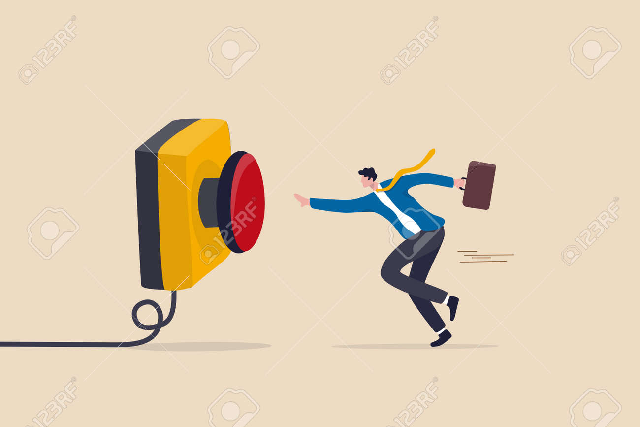 Push button call for emergency help, control or launch rocket, start new business or launch start up company concept, cautious businessman running in hurry to push red emergency button. - 169919609 Push button call for emergency help, control or launch rocket, start new business or launch start up company concept, cautious businessman running in hurry to push red emergency button. - 169919609