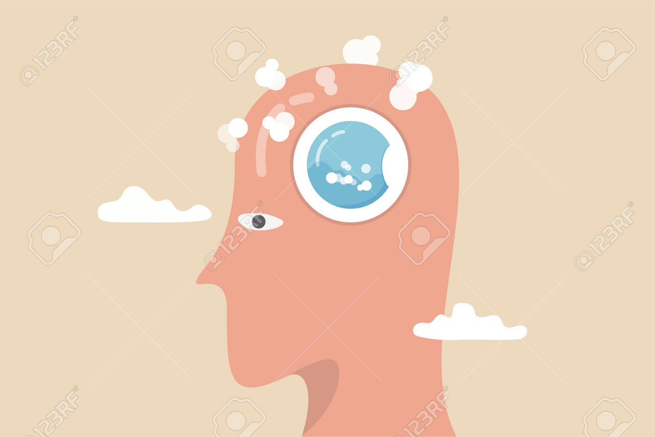 Brain wash by medias or advertising information, make someone to believe, manipulate thought, control how people think concept, human head with washing machine in action to clean his brain. - 169913337 Brain wash by medias or advertising information, make someone to believe, manipulate thought, control how people think concept, human head with washing machine in action to clean his brain. - 169913337
