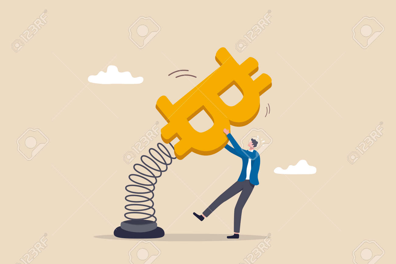 ビットコインと暗号通貨のボラティリティ、投資と投機のリスク、価格変動と不確実性、暗号値の上下の変動、不安定なビットコインのシンボルを保持しているビジネスマンのトレーダー。のイラスト素材・ベクター  Image 178709088