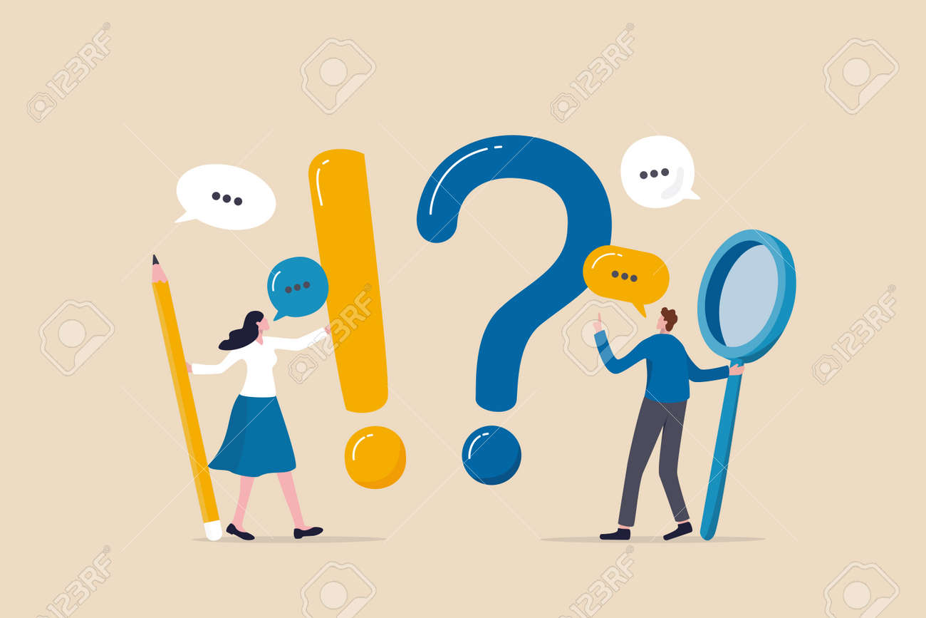 Domande e risposte, faq, domande frequenti o risoluzione dei problemi, concetto di idea di soluzione o supporto, uomo d'affari e donna con punto esclamativo, punto interrogativo con conversazione a fumetto. - 185842342 Domande e risposte, faq, domande frequenti o risoluzione dei problemi, concetto di idea di soluzione o supporto, uomo d'affari e donna con punto esclamativo, punto interrogativo con conversazione a fumetto. - 185842342