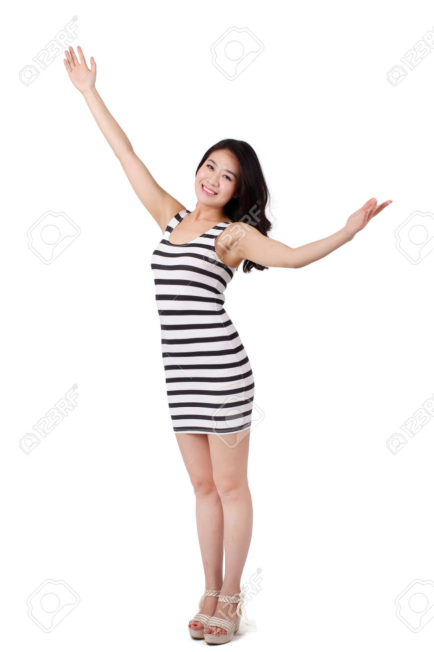 Portrait of a young woman in a striped dress - 157631486 Portrait of a young woman in a striped dress - 157631486