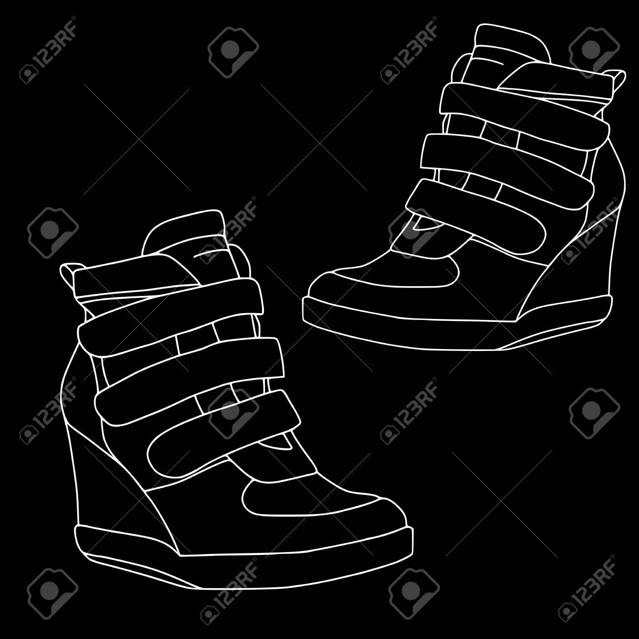 Calzado Para Mujer Sobre Fondo Negro - Conjunto De Contorno - De Cuña. Objetos, Moda, Aislado, Contorno, Esquema Para Colorear Svg, Vectoriales, Clip Art Vectorizado Libre De Derechos. Image 96577950.