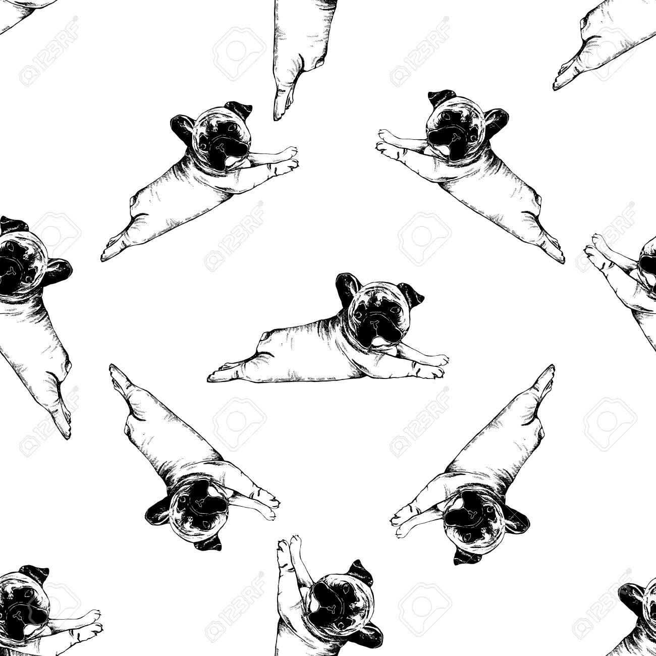 手描きのスケッチスタイルフレンチブルドッグ子犬のシームレスなパターン ベクトルイラストは 白い背景に分離されています のイラスト素材 ベクタ Image