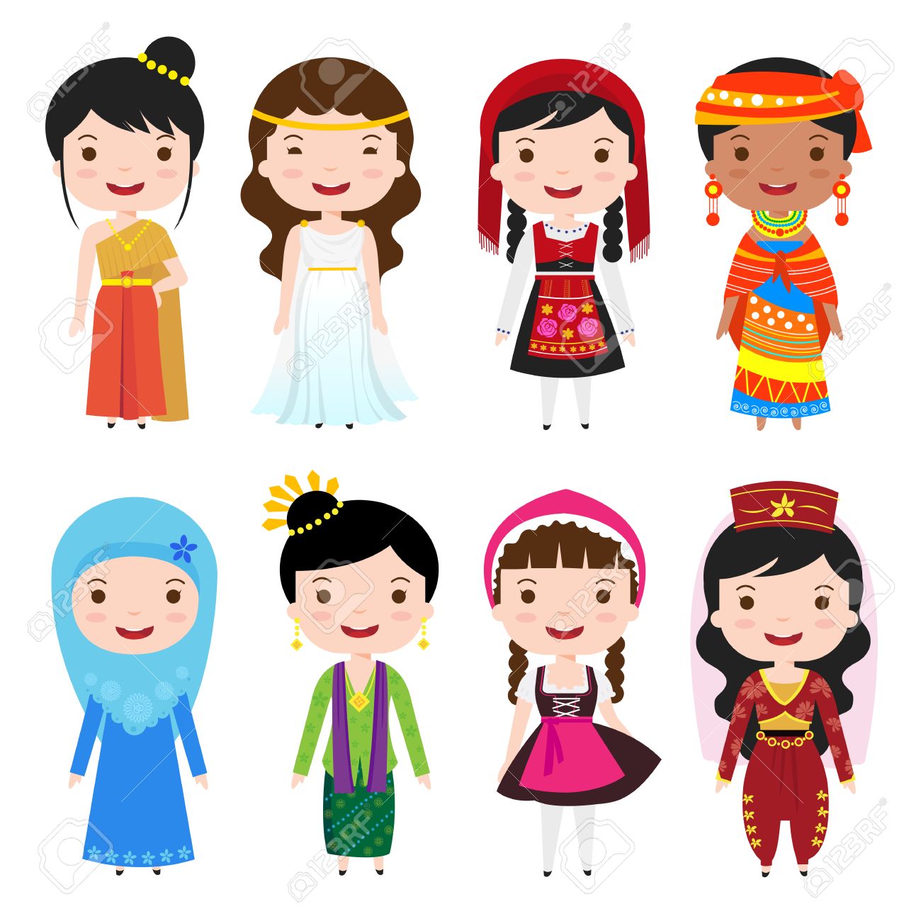 Vêtements costumes traditionnels du monde, les filles de bande dessinée dans différents costumes nationaux