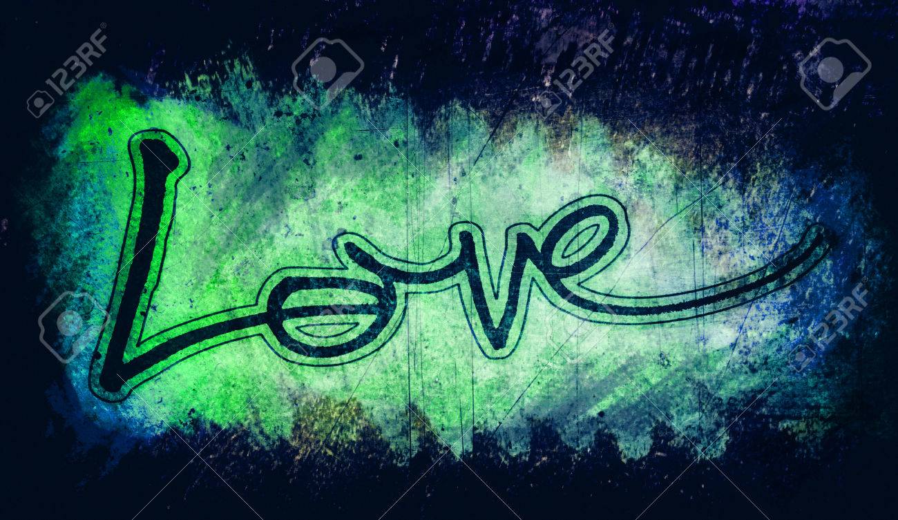 塗装 手描き愛という言葉 愛の芸術という言葉 暗い暗いビネットと緑のテクスチャ上の外枠と文字が大好きです の写真素材 画像素材 Image