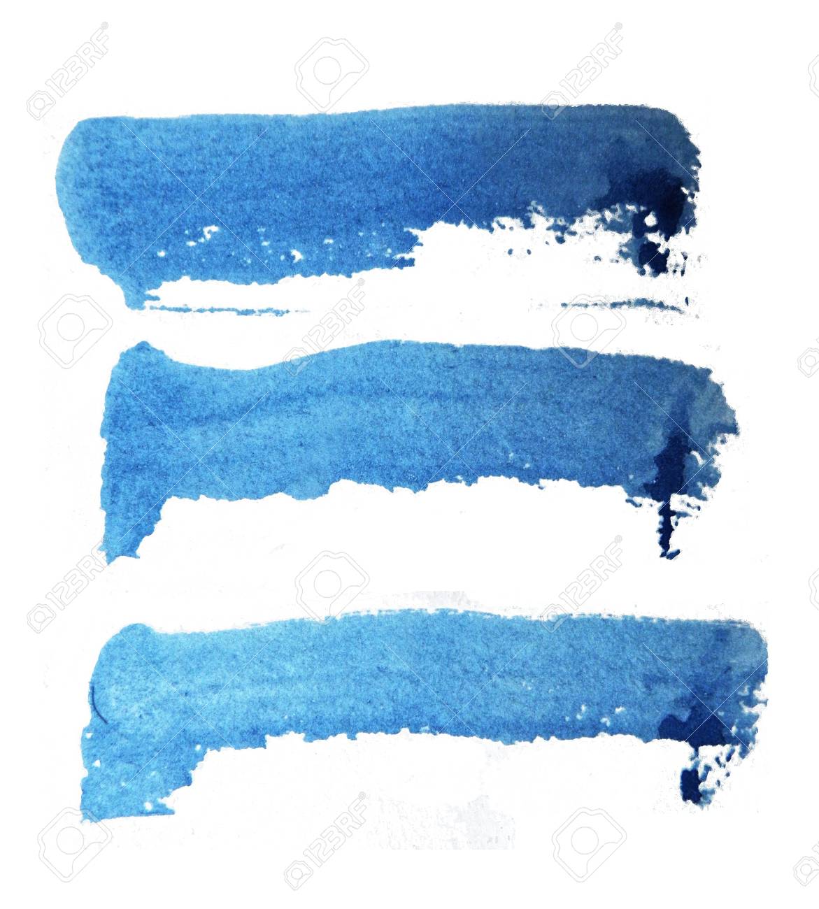 3 大まかなブラシ ストローク テクスチャ紙 白い背景の上青い半透明の水性ペイントで の写真素材 画像素材 Image