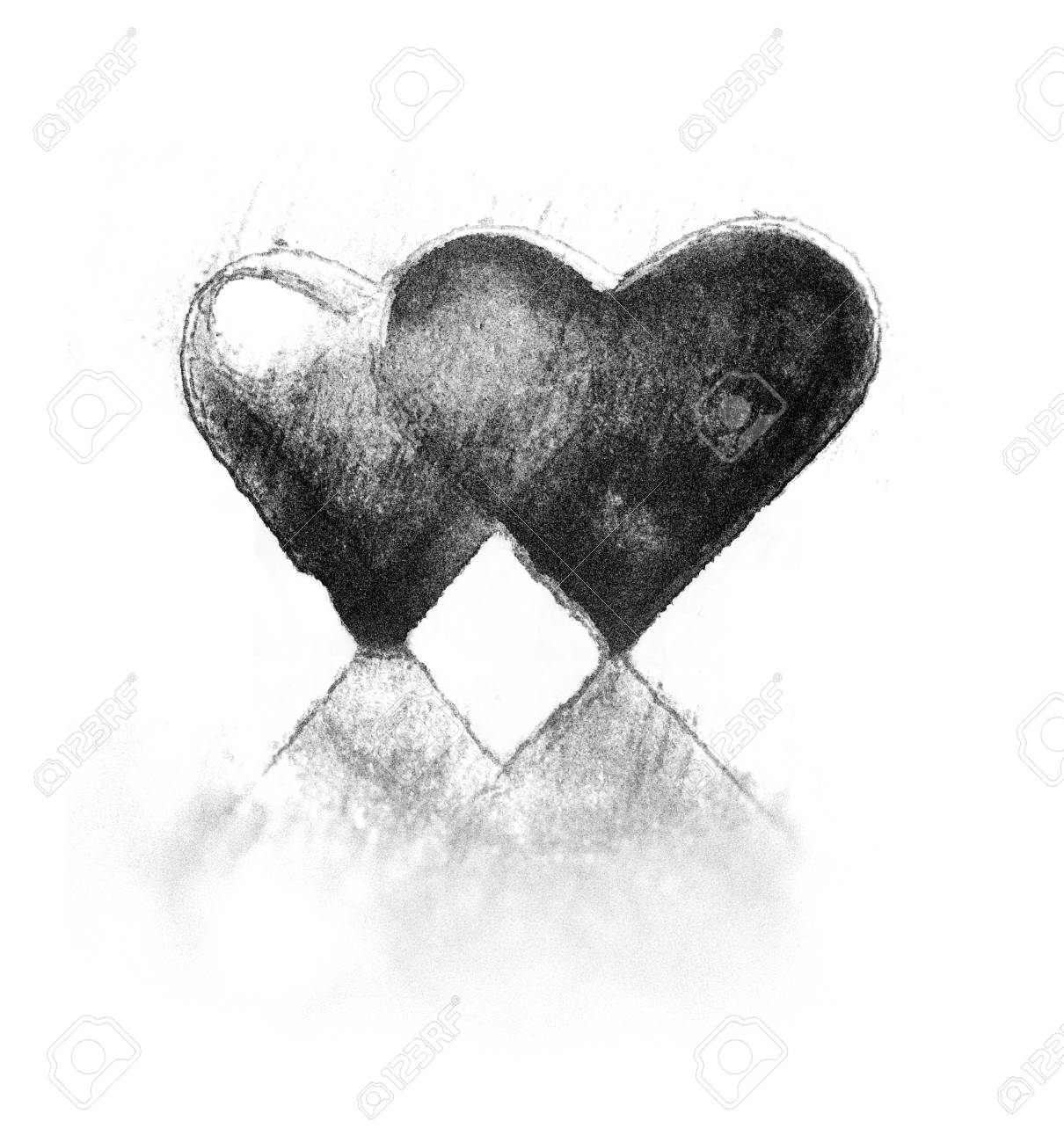 a pair of 3d heart shapes rough sketch style two hearts close