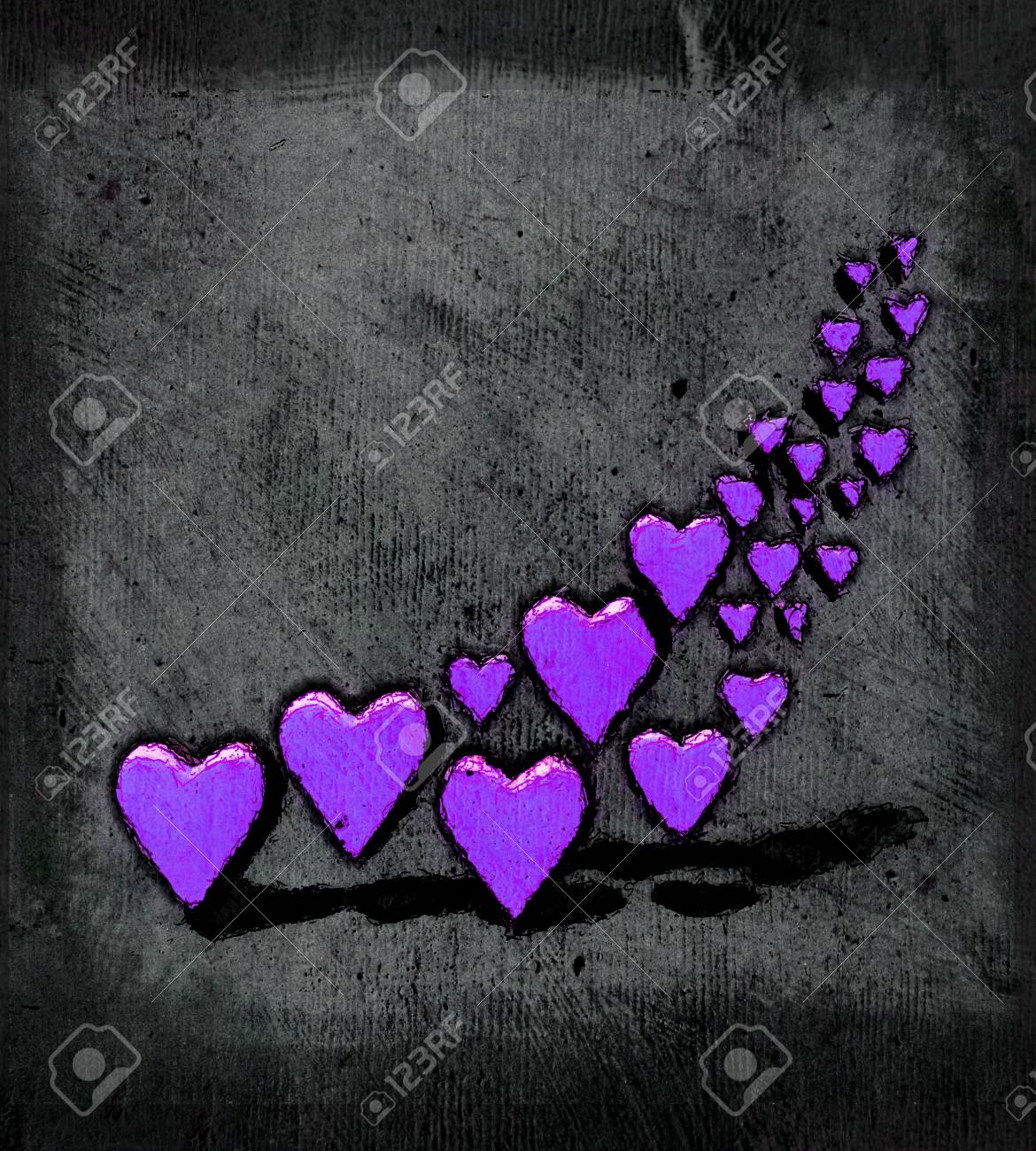 漫画のスタイルの 3 D 心 汚れた漫画スケッチ スタイル 灰色のグランジ テクスチャ背景の影で 異なるサイズのパープル ハート図形のグループ の写真素材 画像素材 Image