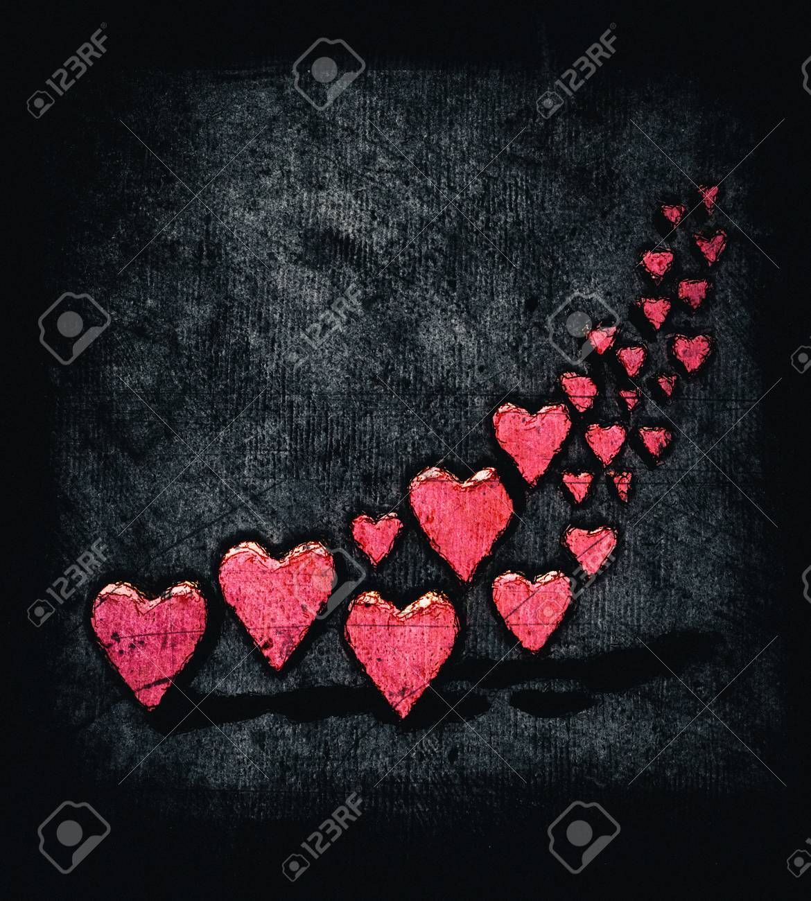 Tourbillon De Style Dessin Anime De Nombreux Coeurs 3d Groupe De Formes De Coeur Rouge De Differentes Tailles Dans Une Forme Courbe Avec Des Ombres Style De Croquis De Bande Dessinee Grungy