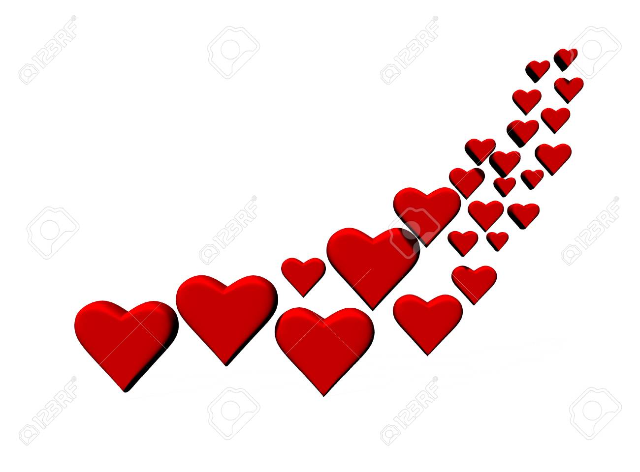 swirl of many 3d hearts group of different sized red heart shapes