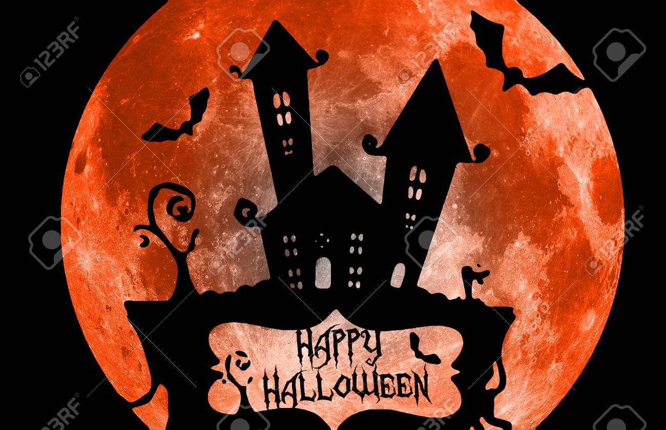 ハッピー ハロウィン カード お化け屋敷 月とコウモリとレタリングと言って幸せなハロウィーンのオレンジと黒 の写真素材 画像素材 Image 7093