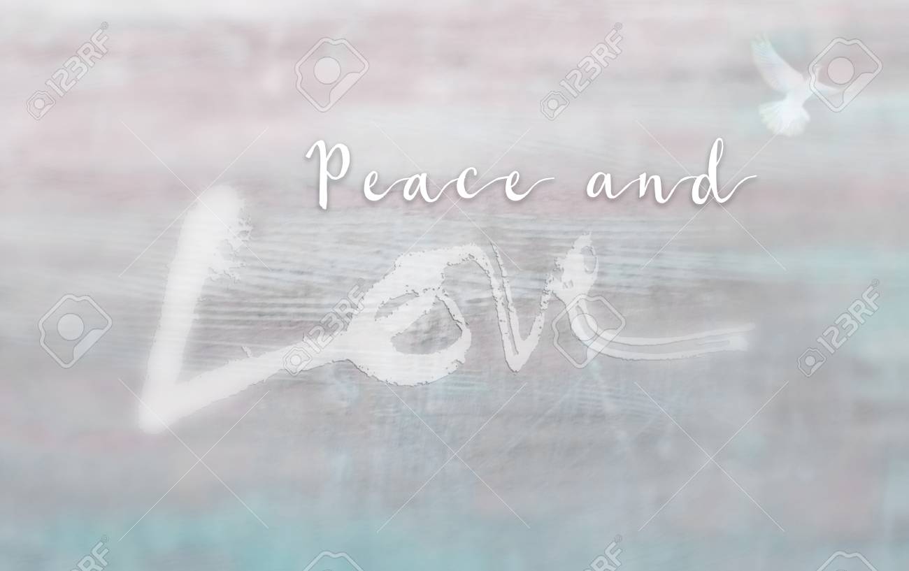 平和の言葉でクリスマス カードとラフをレタリング愛恋スケッチ塗装テクスチャ背景に塗られたスタイル ビネットぼかし 青とオレンジ色の濃淡 鳩のイメージ の写真素材 画像素材 Image