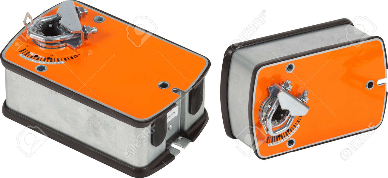 Orange ventilation damper actuator isolated. - 172306852 Orange ventilation damper actuator isolated. - 172306852