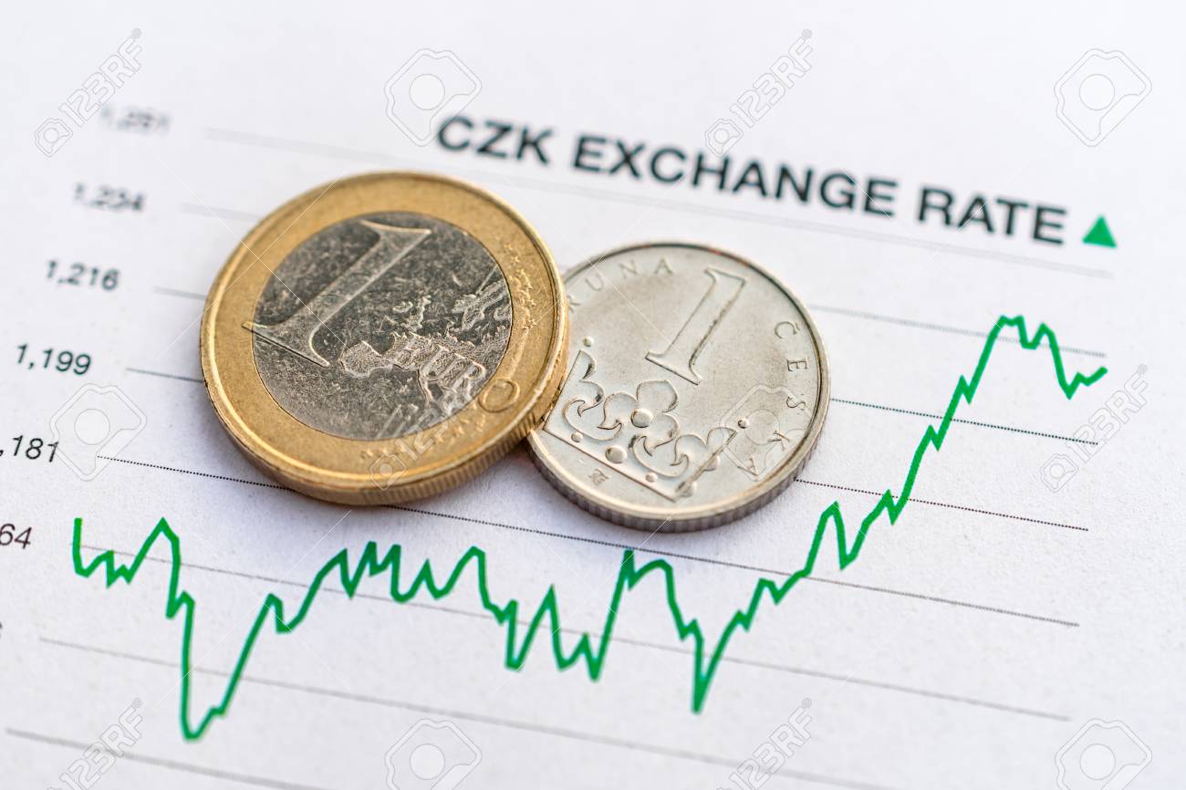 チェコ・コルナユーロ為替レート:チェコのコルナとユーロ硬貨は、通貨為替レートの上昇を示す緑色のグラフに配置の写真素材・画像素材 Image  109548768