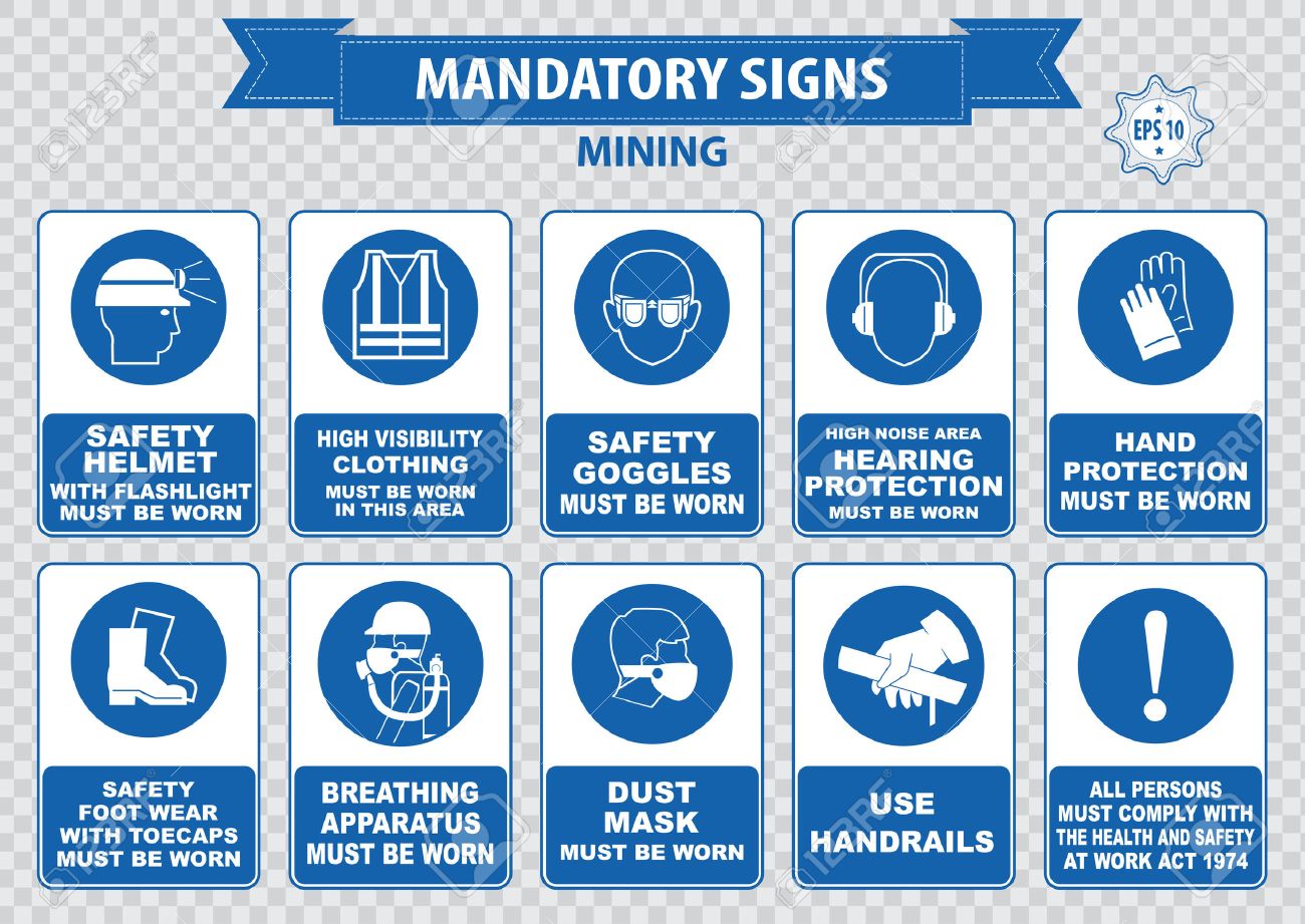 Mining mandatory sign safety helmet with flashlight must be worn use handrails dust mask breathing apparatus goggles hearing protection fasten seat belts sound horn - 40613148 Mining mandatory sign safety helmet with flashlight must be worn use handrails dust mask breathing apparatus goggles hearing protection fasten seat belts sound horn - 40613148