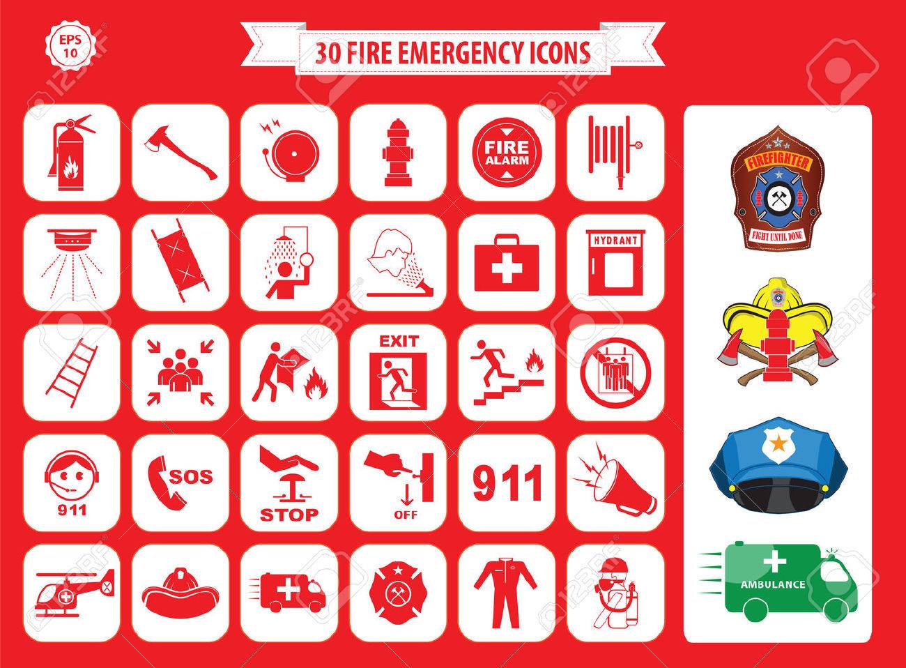 Set of fire emergency icons fire exit, emergency exit, fire assembly point, ladder, axe, fire extinguisher, hose reel, alarm, eye wash, fire exit, 911, hydrant, first aid, ambulance, badge - 52550864 Set of fire emergency icons fire exit, emergency exit, fire assembly point, ladder, axe, fire extinguisher, hose reel, alarm, eye wash, fire exit, 911, hydrant, first aid, ambulance, badge - 52550864