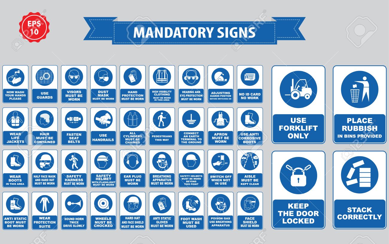 mandatory signs, construction health, safety sign used in industrial applications safety helmet, gloves, ear protection, eye protection, foot protection, hairnet, respirator, mask, antistatic, apron - 52492016 mandatory signs, construction health, safety sign used in industrial applications safety helmet, gloves, ear protection, eye protection, foot protection, hairnet, respirator, mask, antistatic, apron - 52492016