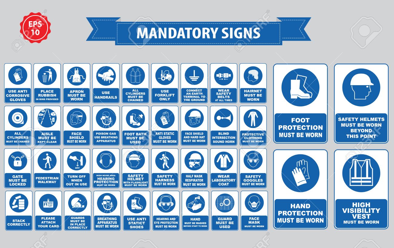 mandatory signs, construction health, safety sign used in industrial applications safety helmet, gloves, ear protection, eye protection, foot protection, hairnet, respirator, mask, antistatic, apron - 52492019 mandatory signs, construction health, safety sign used in industrial applications safety helmet, gloves, ear protection, eye protection, foot protection, hairnet, respirator, mask, antistatic, apron - 52492019