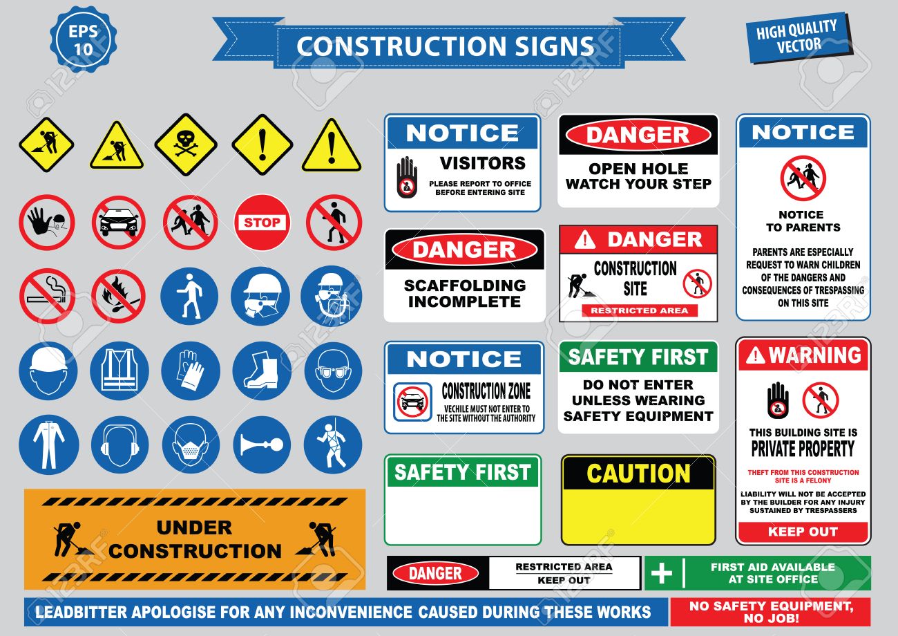 Set of Construction sign (warning, site safety, use hard hat,children must not play on this site, no admittance to unauthorized personnel, safety helmet, boots and vest must be worn at all times) - 61721942 Set of Construction sign (warning, site safety, use hard hat,children must not play on this site, no admittance to unauthorized personnel, safety helmet, boots and vest must be worn at all times) - 61721942