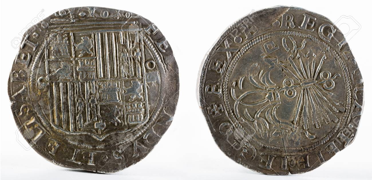 古代スペインはカトリック両王のコインを銀します フェルナンド E イザベル セビリアの造語 2 アルカサル の写真素材 画像素材 Image