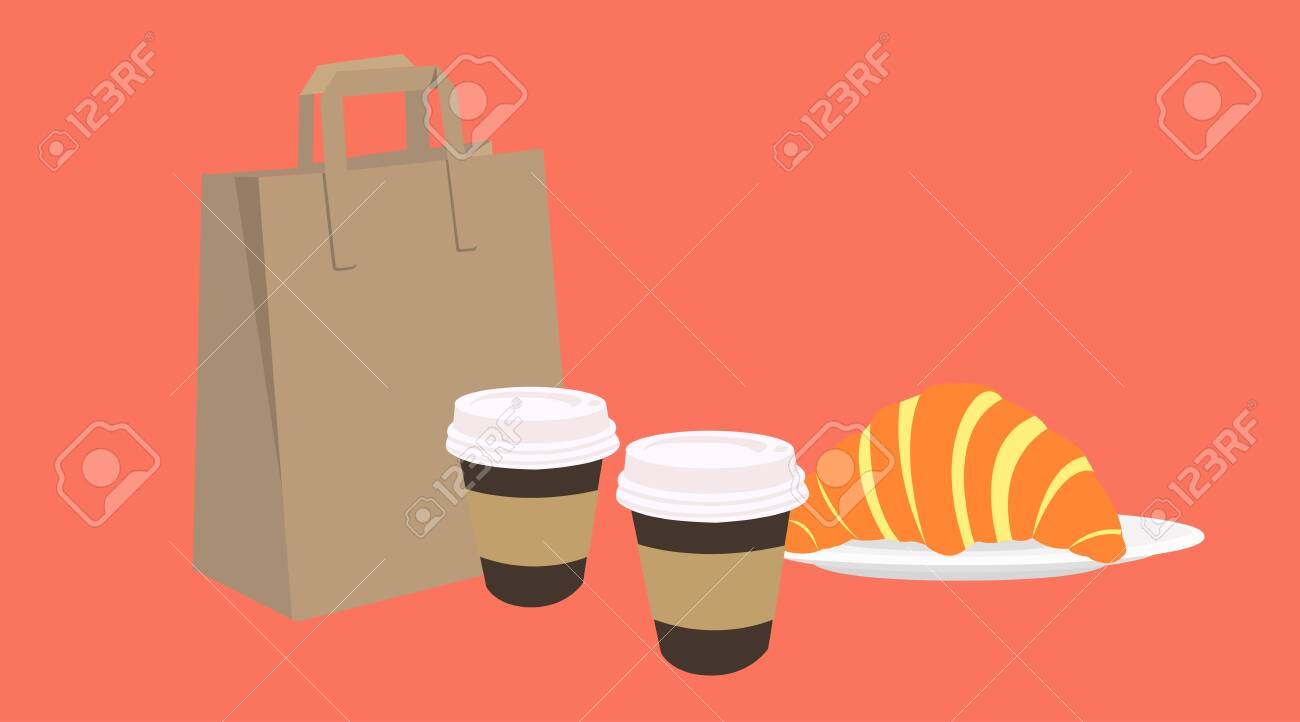 Vector Isolated Illustration of a Coffee Take Away Set, with a paper bag, two paper coffee cups and a croissant - 150020499 Vector Isolated Illustration of a Coffee Take Away Set, with a paper bag, two paper coffee cups and a croissant - 150020499