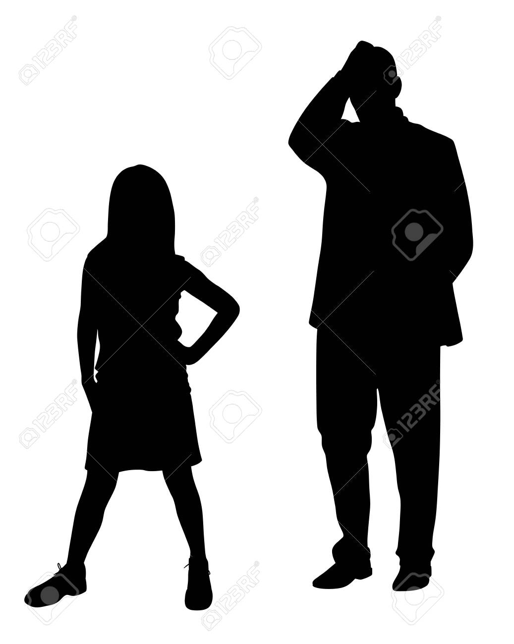 彼の頑固な反抗的な反抗的な反抗的なティーンエイジャーの娘の子供のために欲求不満で頭に手を握る絶望的なストレスの父親のイラストシルエット 子育ての困難 10代の子供の行動問題を扱う親 孤立した白い背景 Eps ファイルが利用可能です のイラスト素材 ベクタ