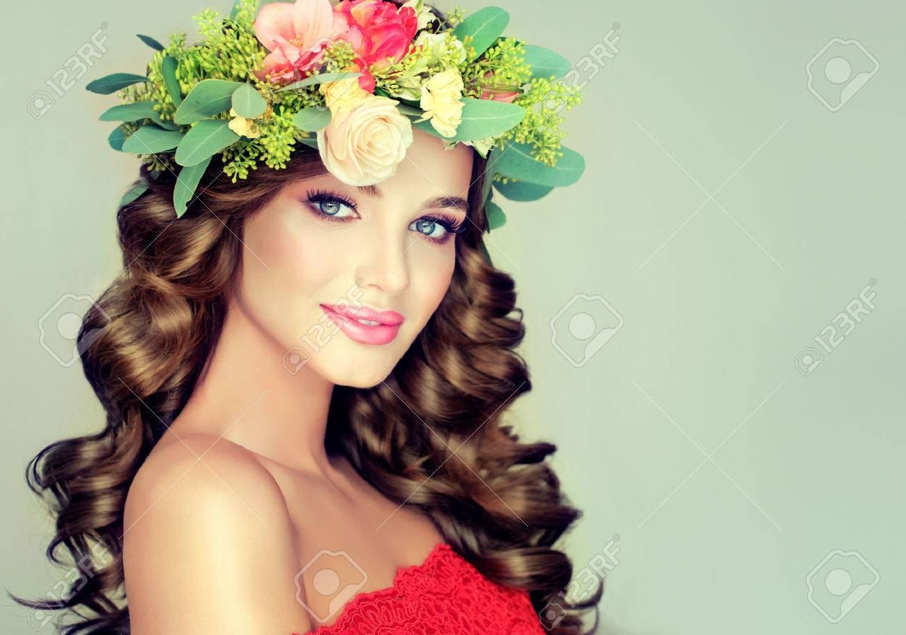 Beautiful Woman Model Brunette With Long Curly Hair Floral Wreath