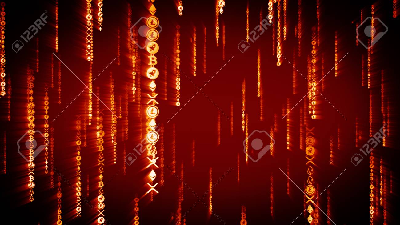 Digital Red Crypto Coins Falling In Matrix Style. Futuristic 3D  Illustration With Bitcoin, Ethereum, Ripple, Stellar, Litecoin, EOS. Cryptocurrency  Blockchain Concept. Stock Photo, Picture and Royalty Free Image. Image  114461980.