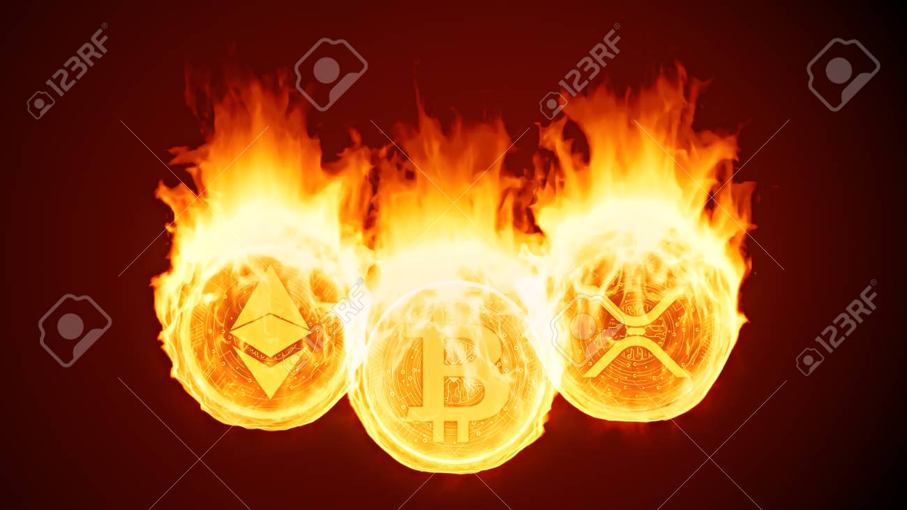 비트코인, 이더리움, 리플이 불타고 있습니다. 금화는 불태워집니다. 레드 마켓 쇠퇴, 충돌 및 블록체인 거품. 화 염 개념 3D  그림에서 암호화 대문자입니다. 로열티 무료 사진, 그림, 이미지 그리고 스톡포토그래피. Image 114462075