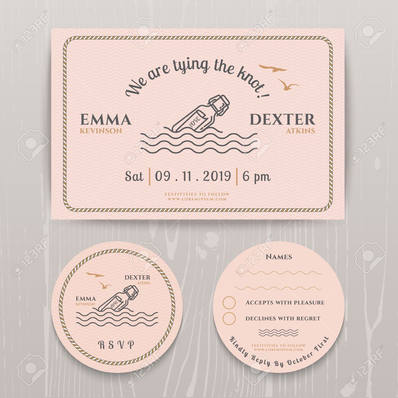 nautical message in the bottle wedding invitation and rsvp card