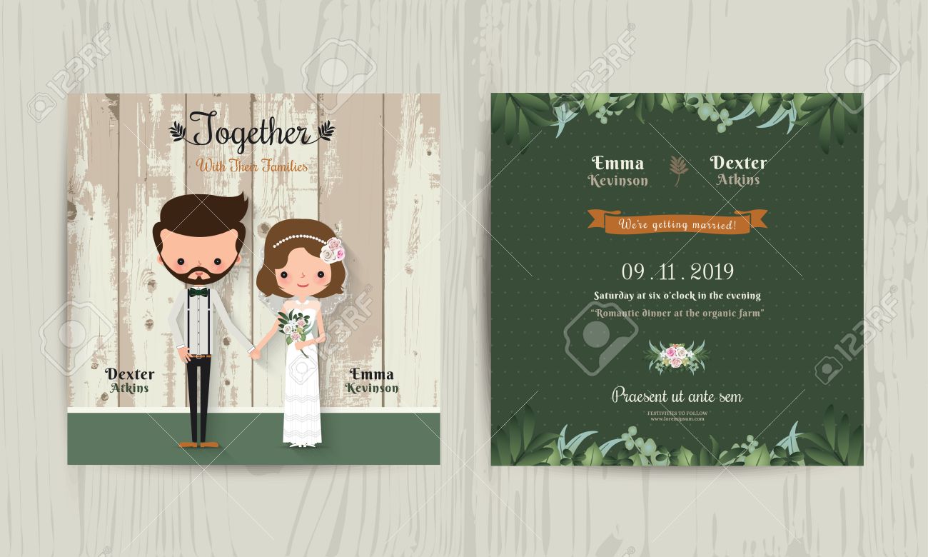 Wedding Invitation Card Cartoon Hipster Bride And Groom On Wood