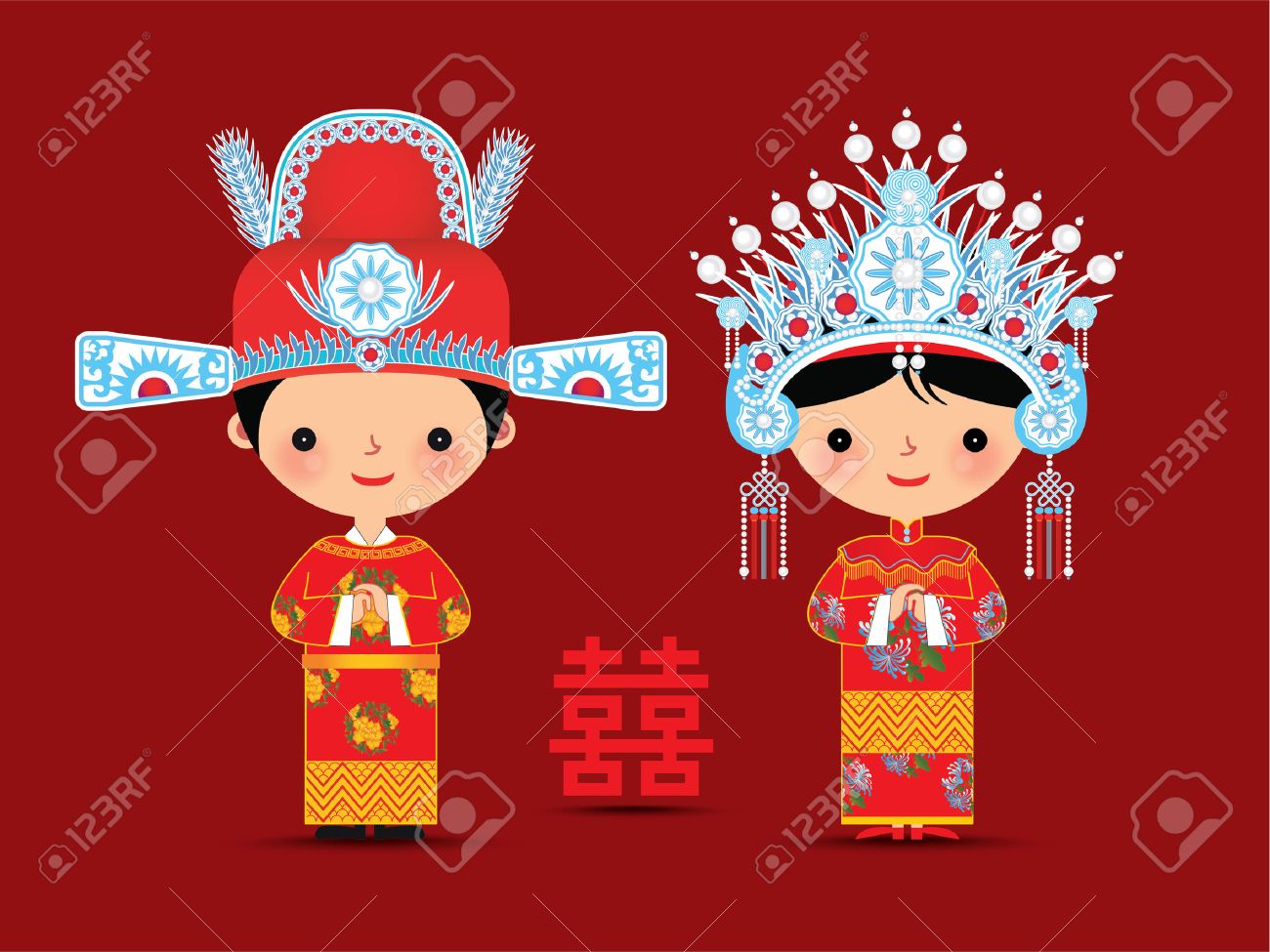 Chinese bride and groom cartoon wedding with double happiness symbol - 50268830 Chinese bride and groom cartoon wedding with double happiness symbol - 50268830