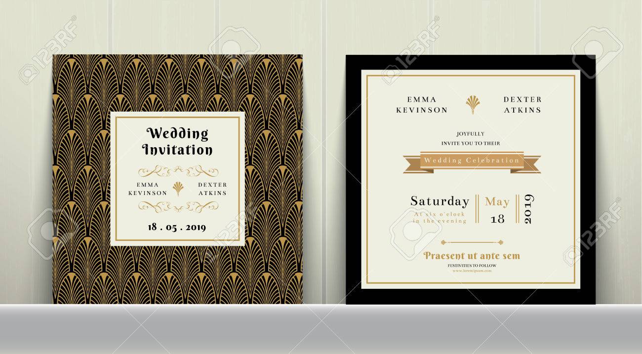 art deco wedding invitation card in gold and black colour on