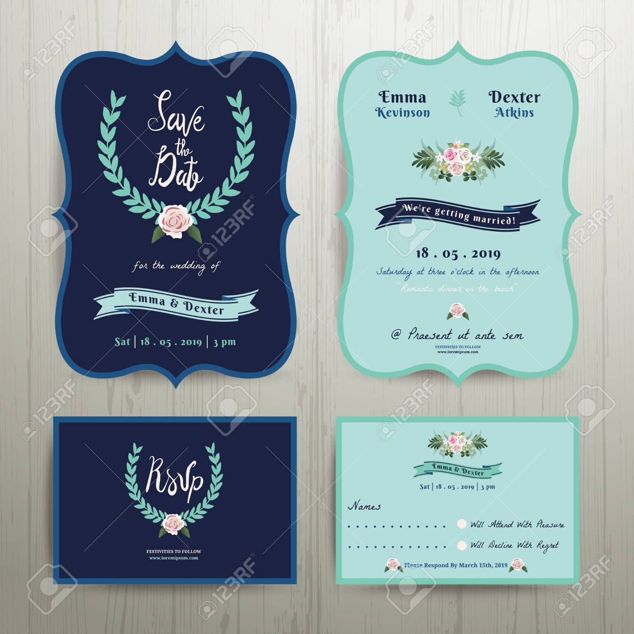 Navy Blue Wedding Invitation Card With Save The Date Set On Wood Background Stock Vector Navy Blue Wedding Invitation Card With Save The Date Set On Wood Background Stock Vector