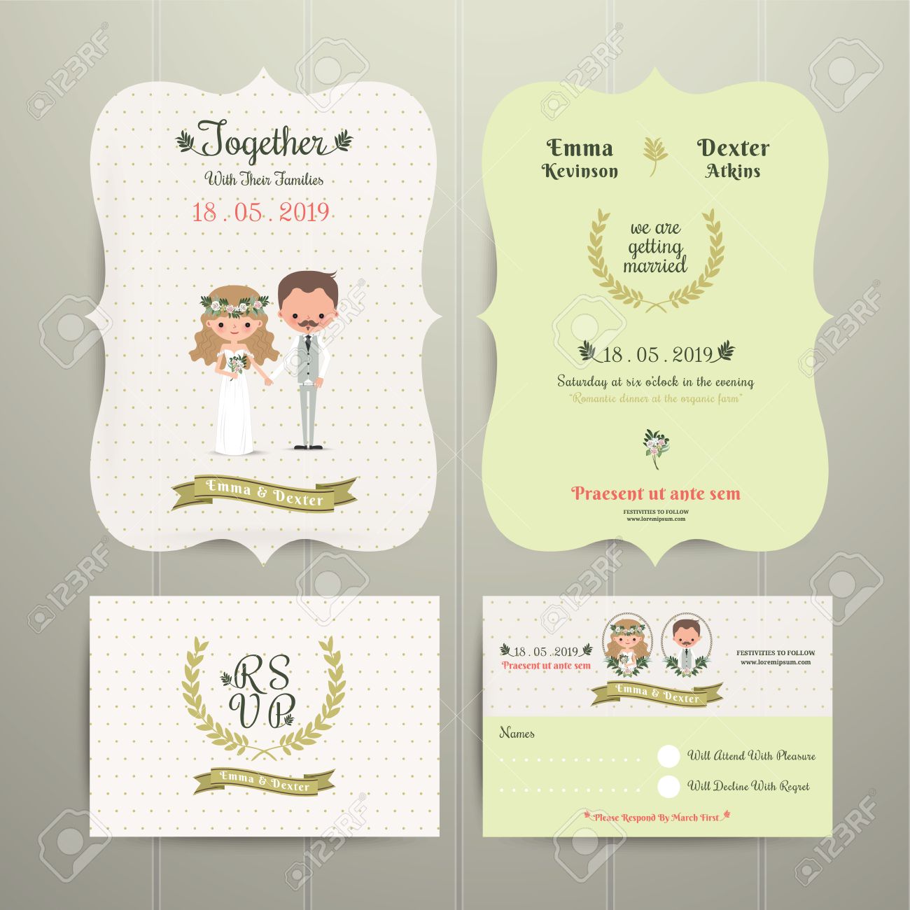 bride groom cartoon romantic farm wedding invitation card and