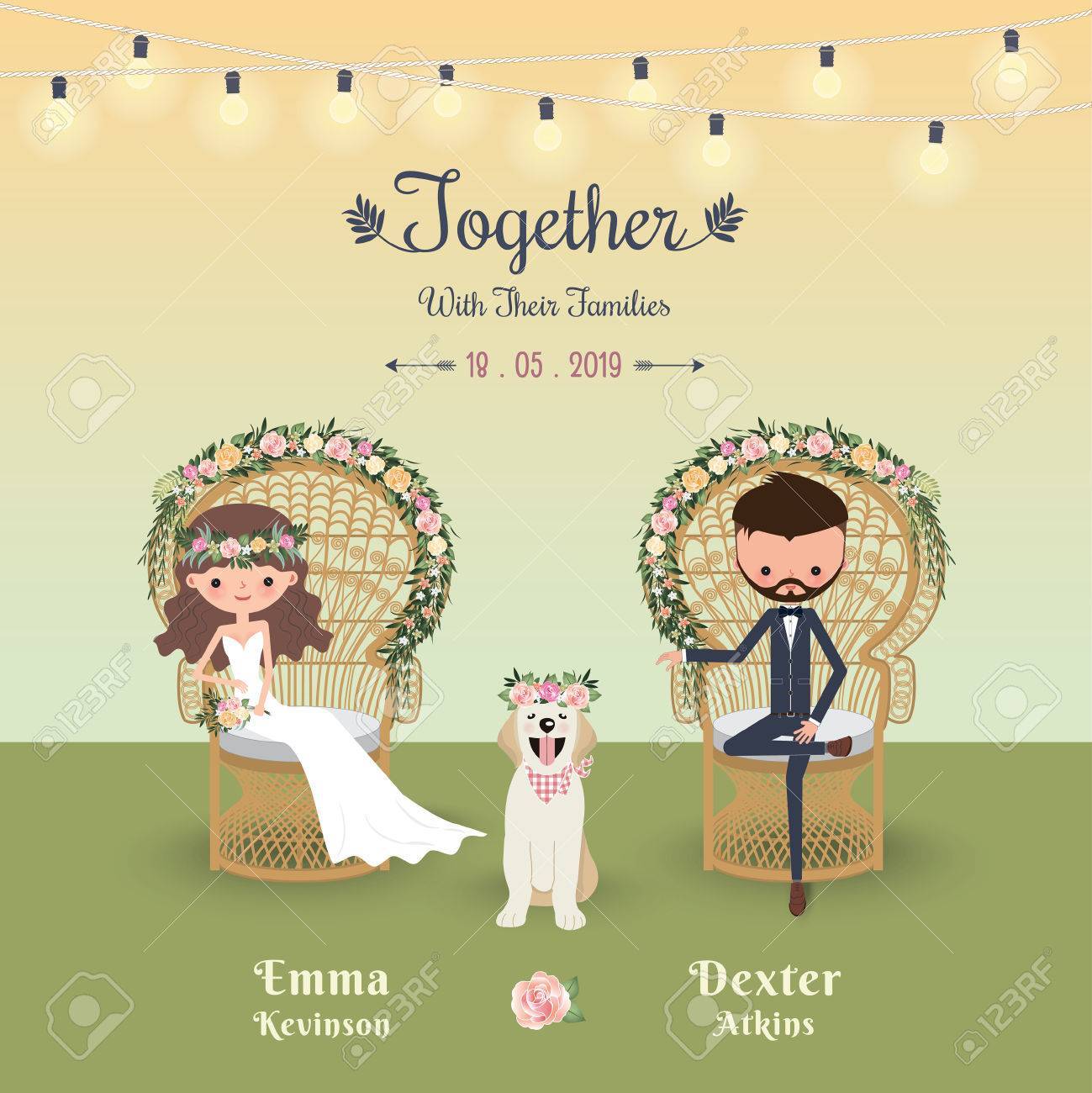 Rustic Bohemian Cartoon Couple Wedding Invitation Card With Dog Peacock Chair Stock Vector Rustic Bohemian Cartoon Couple Wedding Invitation Card With Dog Peacock Chair Stock Vector