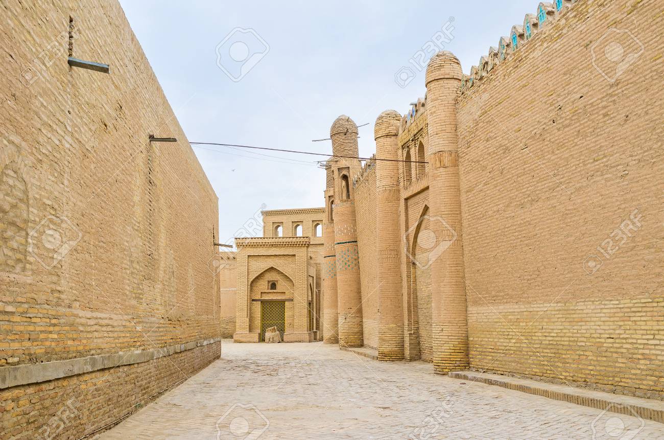 The Old Mansions Of Khiva Were Surrounded By Huge Walls With The Massive  Gates And Defensive Towers, Uzbekistan. Stock Photo, Picture and Royalty  Free Image. Image 48661028., image size:1300x861